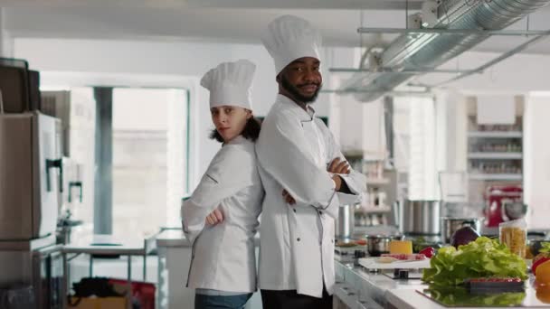 Retrato de hombres y mujeres chefs trabajando en la cocina gourmet - Imágenes, Vídeo