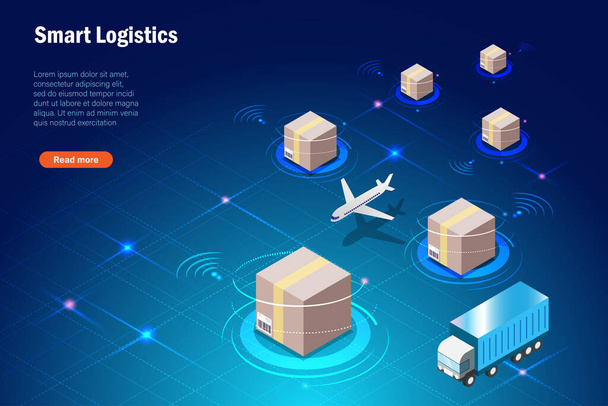 Smart Logistics Delivery Tracking System mit drahtloser Technologie. Lieferung der Kartons per Flugzeug und LKW mit Cloud Computing. Globale Logistik Import Export Fracht.  - Vektor, Bild