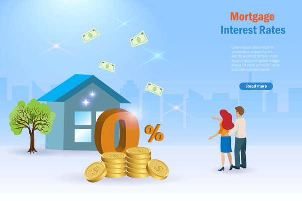 Refinance, home loan, house or estate mortgage concept. House for sale with  0% interest rate for family couple. Promotion campaign in financial, banking business. - Vector, Image