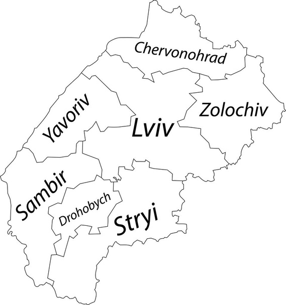 Λευκός επίπεδος διανυσματικός χάρτης των περιοχών ραίων της ουκρανικής διοικητικής περιοχής LVIV OBLAST, UKRAINE με μαύρες συνοριακές γραμμές και ετικέτες ονομάτων των ραίων του - Διάνυσμα, εικόνα