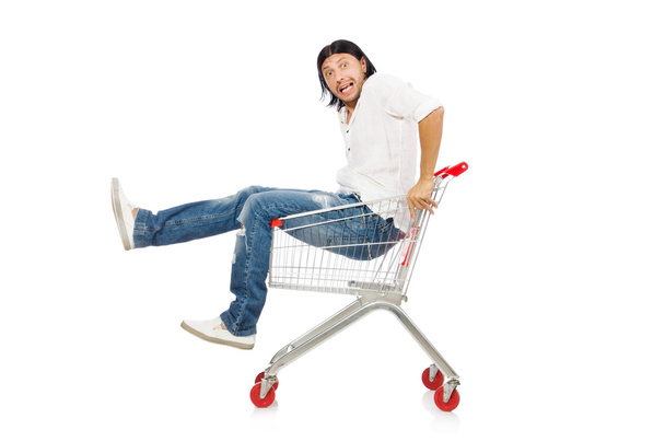 Hombre de compras con carrito cesta de supermercado aislado en blanco - Foto, Imagen