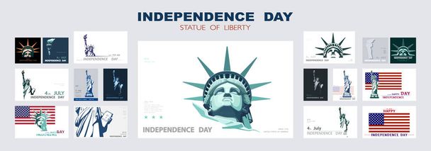 Özgürlük Heykeli 'nin Bağımsızlık Günü portresi, poster sunumu. Yeşil düz dizayn şablonları. Amerikan bayrağı bayramı. Amerika 'nın ulusal sembolü New York, afiş. Reklam metninin adı, vektör, 4 Temmuz, özgürlük, ulusal, şehir, klasik - Vektör, Görsel