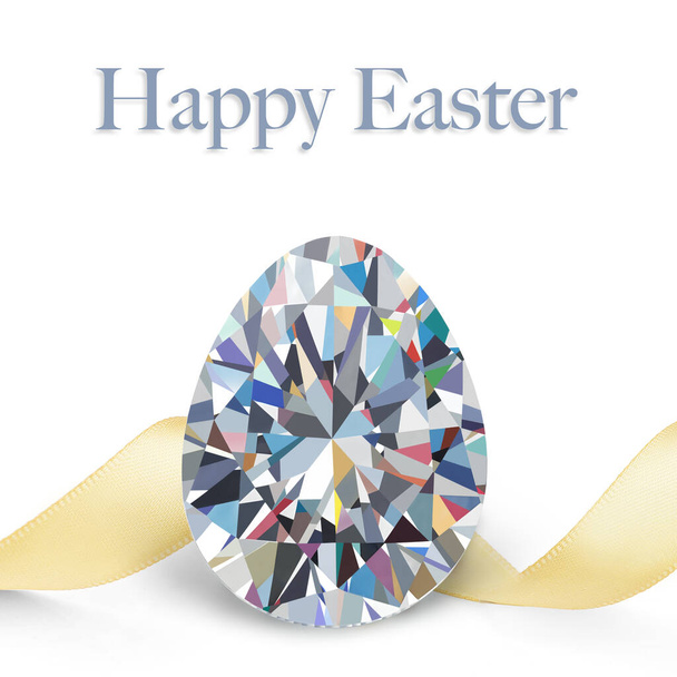 Ilustración 3D. Diamante en forma de huevo sobre fondo blanco con palabras Feliz Pascua incluyendo cinta amarilla.  - Foto, imagen