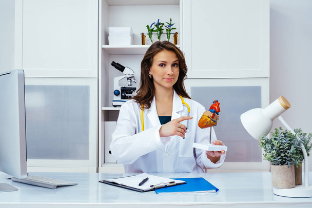 piękny uśmiech kobieta lekarz pokazując ludzki serce makieta w biurze - Zdjęcie, obraz
