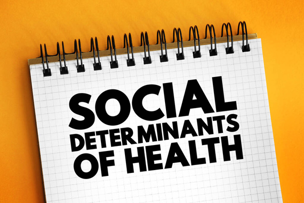 Соціальні детермінанти здоров'я - економічні та соціальні умови, які впливають на індивідуальні та групові відмінності в стані здоров'я, текстова концепція в блокноті
 - Фото, зображення