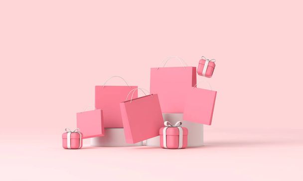 Online shopping discount banner with paper bags and gifts. 3D Rendering - Foto, immagini