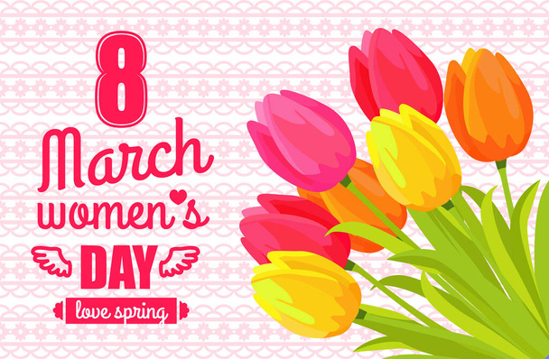 Banner for International Womens Day. Flyer for March 8 with tulips. Spring holiday greeting card - Vettoriali, immagini