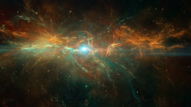 Fundo espacial. Voando através de nebulosa laranja e verde com campo de estrelas. Animação digital, renderização 3D - Filmagem, Vídeo