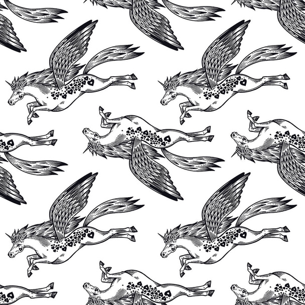 Unicorn. Horse with wings. Animal seamless pattern. Vector illustration. Vintage engraving. Black and white background. Template for wallpaper, paper, textile. - Vektor, Bild