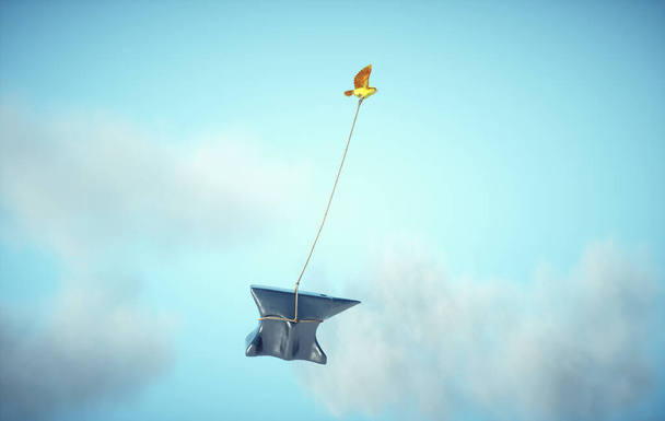 Żółty ptak nosi kowadło. Pomyślna koncepcja myślenia i pewności siebie. To jest ilustracja 3D renderowania - Zdjęcie, obraz
