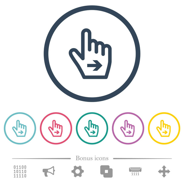 Hand cursor rechter omtrek platte kleur pictogrammen in ronde contouren. 6 bonus symbolen opgenomen. - Vector, afbeelding