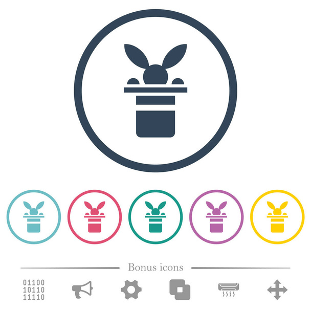Sombrero mágico con cabeza de conejo iconos de color plano en contornos redondos. 6 iconos de bonificación incluidos. - Vector, imagen