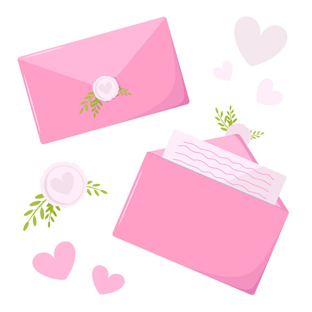 Pink love mail envelope with a stamp and leves on a light background. Envelope with seal. Vector of the wax seal. Design element. - Vektör, Görsel