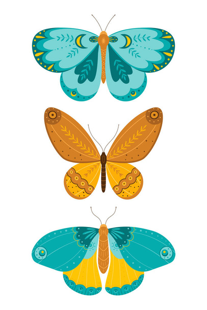 Мухи в стиле ручного рисования. Разнообразие бабочек на белом фоне. - Вектор,изображение