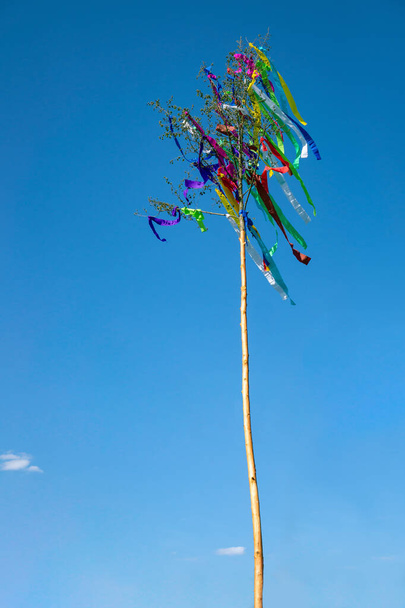 Май дерево, традиционный венгерский немецкий фольклор красочные украшения с лентами в мае с голубым небом - Фото, изображение