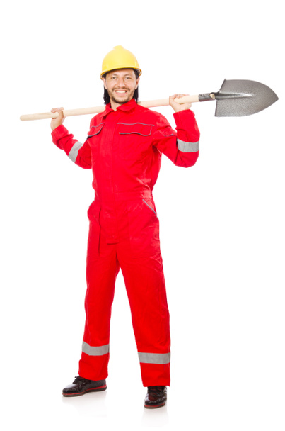Man in red coveralls with spade - Photo, Image