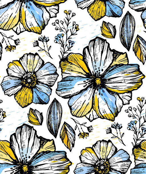 Roztomilý ručně kreslený květinový vzor. Květinové a listové pozadí. Jarní letní model. - Vektor, obrázek