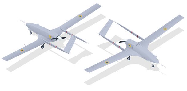 Isometric Unmanned combat aerial vehicle. Medium-altitude long-endurance MALE unmanned combat aerial vehicle UCAV capable of remotely controlled or autonomous flight operations. - Vektör, Görsel