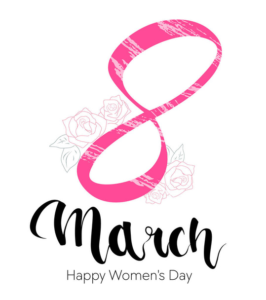 8 march International Women's Day lettering greeting card design with pink eight and red roses. Brush calligraphy greeting with hand drawn flowers. Happy Women's Day. Vector illustration. - Vector, Image