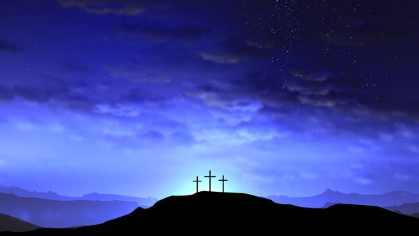 Tre croci sulla collina con nuvole che si muovono sul cielo stellato. Pasqua, risurrezione, vita nuova, concetto di redenzione. - Foto, immagini