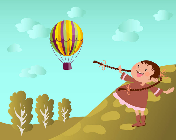 Ilustración de los niños, linda chica feliz riendo con coletas y un globo de colores en el cielo. Poster, clip art, postal - Vector, Imagen