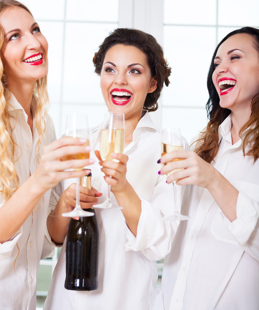 Bride to be and bridemaids holding glass with champagne  - Fotoğraf, Görsel