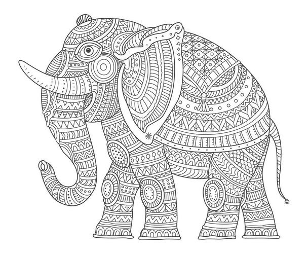 Vektorový zdobený indiánský pohádkový slon. Omalovánky pro dospělé a děti Černobílá tenká čára ilustrace - Vektor, obrázek