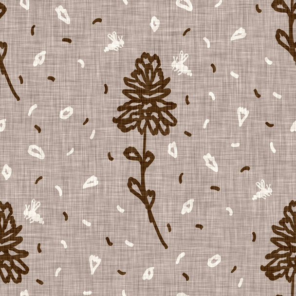 シームレスリネンのドアの花のパターンの背景。落ち着いたboho土色の壁紙。シンプルな現代のスキャンディユニセックスの花のデザイン。有機的な子供っぽい性中立の赤ん坊は印刷物中で。手描き. - 写真・画像
