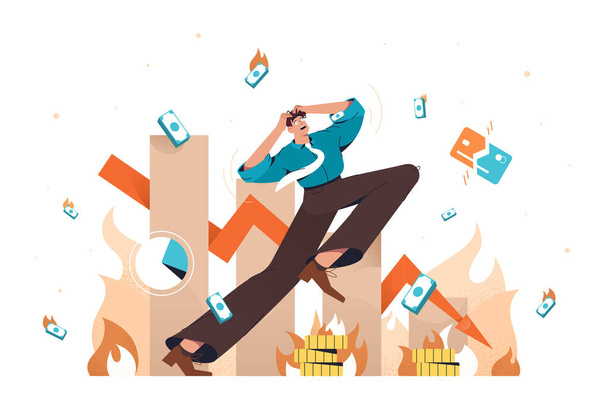 Flat bankrupt businessman in panic with falling arrow down - Vector, Image