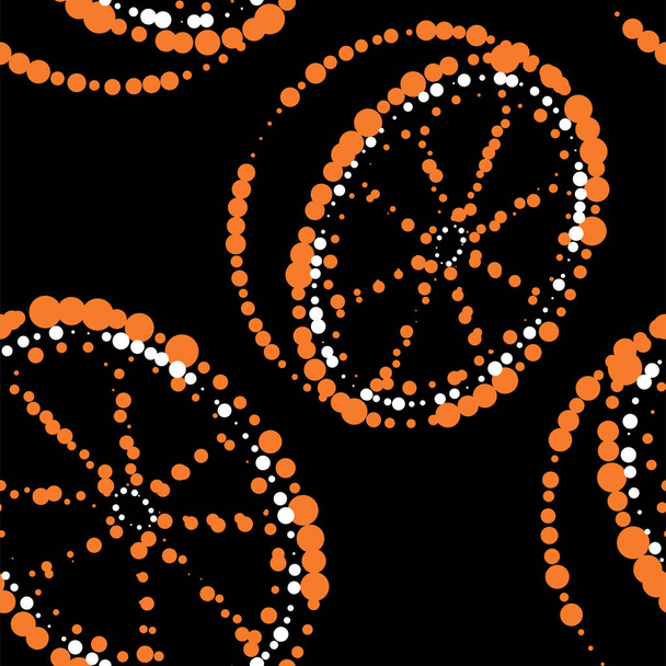 Illustration vectorielle. Modèle géométrique sans couture. Orange juteuse, citron composé de points de différentes tailles, ligne pointillée. Fond d'été abstrait tacheté sous forme d'agrumes. - Vecteur, image
