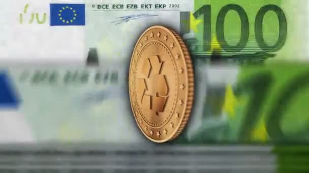 Переработка, экология, электронные отходы и денежный оборот золотые монеты свыше 100 евро банкноты. Подсчет банкнот ЕС петлевая и бесшовная абстрактная трехмерная концепция. - Кадры, видео
