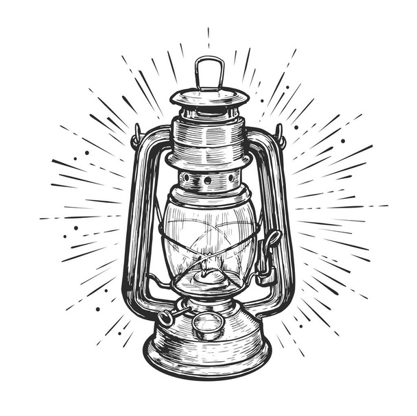 Oil lantern or kerosene lamp with rays of light. Hand drawn sketch vintage vector illustration - Vetor, Imagem