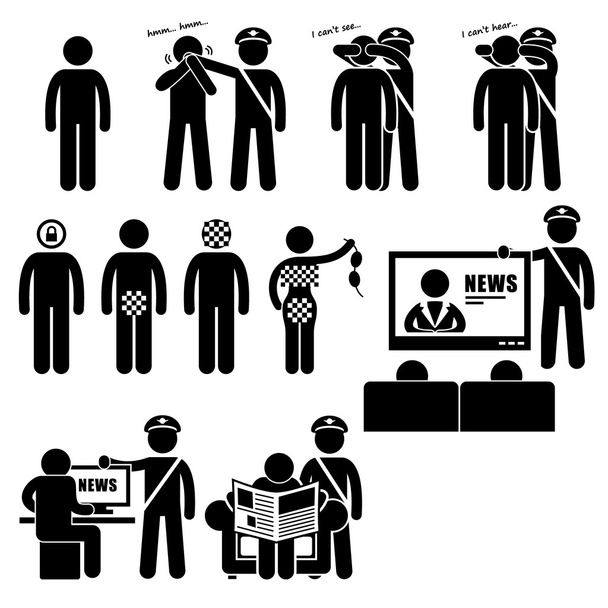 cenzor cenzúra kormány Média korlátozások Stick figura piktogram ikon - Vektor, kép