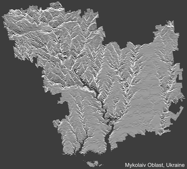 Mappa topografica in rilievo negativo dell'area amministrativa ucraina di MYKOLAIV OBLAST, UCRAINA con linee di contorno bianche su sfondo grigio scuro - Vettoriali, immagini