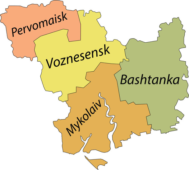 Pastel flat vector map of raion areas of the Ukrainian administrative area of MYKOLAIV OBLAST, UKRAINE with black border lines and name tags of its raions - Vector, Image