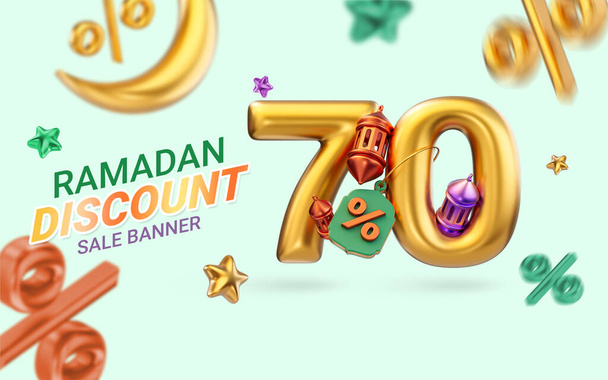 gold realistic 70 percent discount Ramadan and Eid super sale offer banner template design 3d render - Photo, Image