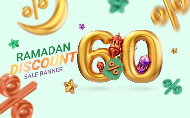 gold realistic 60 percent discount Ramadan and Eid super sale offer banner template design 3d render - Photo, Image