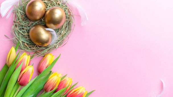 Bahar laleli Paskalya Altın Yumurtaları, Mutlu Paskalya dekorasyonunda pastel pembe arka planda beyaz tüyler. Bahar tatili konsepti - Fotoğraf, Görsel