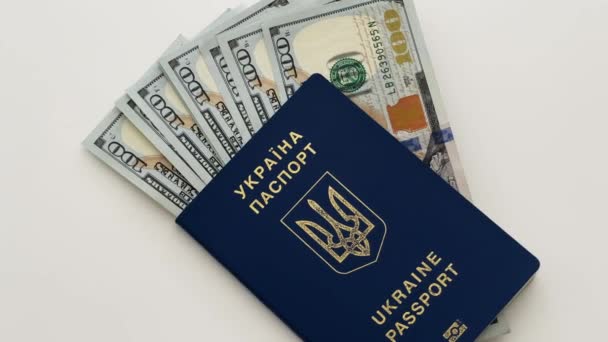 Ukrayna pasaportu ve parası, Ukrayna vatandaşının biyometrik pasaportu ve dolar.. - Video, Çekim