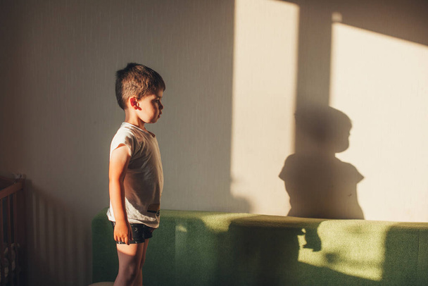 Προφίλ ενός αγοριού που στέκεται στον καναπέ κοιτάζοντας τη σκιά του στον τοίχο. Έχει χαριτωμένο πρόσωπο. Στέκεται στο εσωτερικό του δωματίου. - Φωτογραφία, εικόνα
