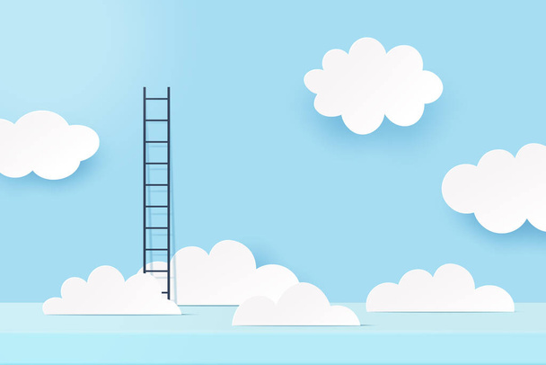 3d Papier gesneden abstracte minimale scène geometrische vorm template achtergrond.Ladder en wolk op blauwe lucht achtergrond.Vector illustratie. - Vector, afbeelding