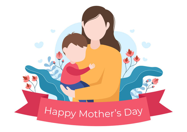 幸せな母の日フラットデザインイラスト。12月22日にグリーティングカードやポスターでお祝いするお母さんやお子さんと一緒に赤ちゃんを持つ - ベクター画像