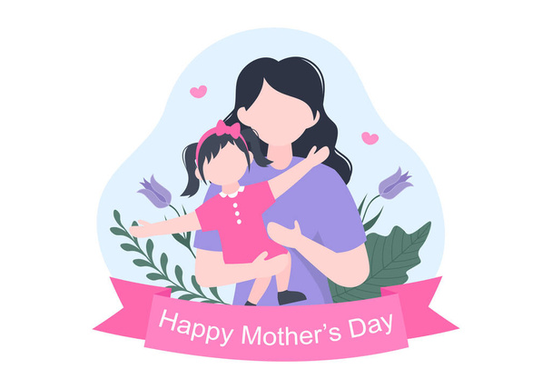 Feliz Día de la Madre Diseño Plano Ilustración. Madre sosteniendo al bebé o con sus hijos que se conmemora el 22 de diciembre para tarjeta de felicitación o póster - Vector, imagen