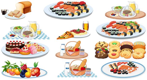 Set of different foods and beverages illustration - Vector, Image