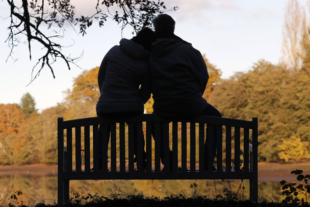 Gölün ve ormanın karşısındaki bankta oturan kadın ve adamın siluetleri. Aşk kavramı.  - Fotoğraf, Görsel