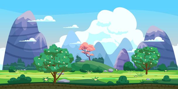 Фантастичний пейзаж, зелені пагорби, дерева, весна, гори, панорама. Векторна ілюстрація мультфільму фону
 - Вектор, зображення