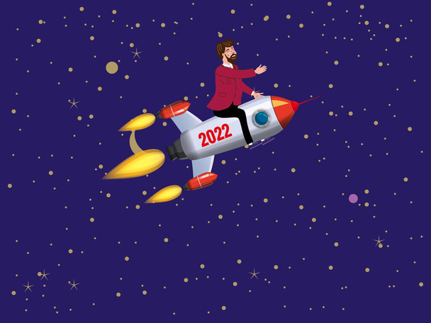 Businessman on a rocket fly through sky. Start up 2022, goal achievement metaphors. Space stars background. Vector illustration - Vector, Image