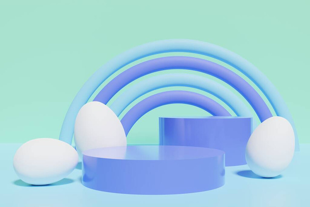 3d render fehér tojás és lila kék dobogók egy lila és világoskék szivárvány egy menta háttér - Fotó, kép