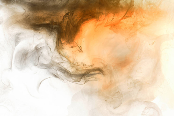 Orange white black smoke background, colorful fog, abstract swirling ink ocean sea, acrylic paint pigment underwater - Photo, Image