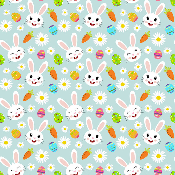 Pasen naadloze achtergrond met konijnengezicht, wortelen en eieren - Vector, afbeelding